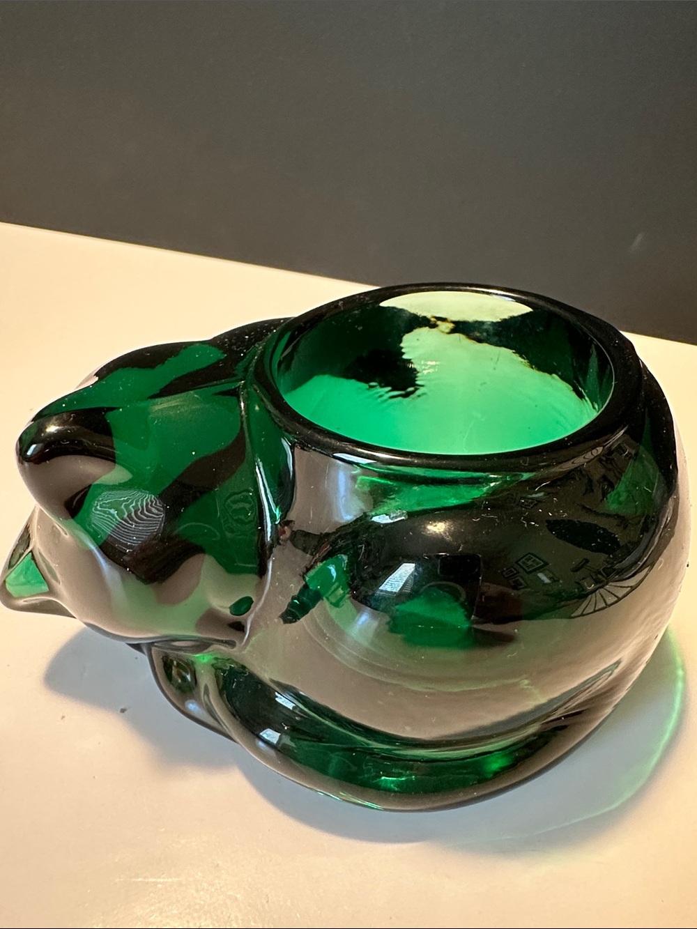 Handblown Emerald Green Glass Cat Planter